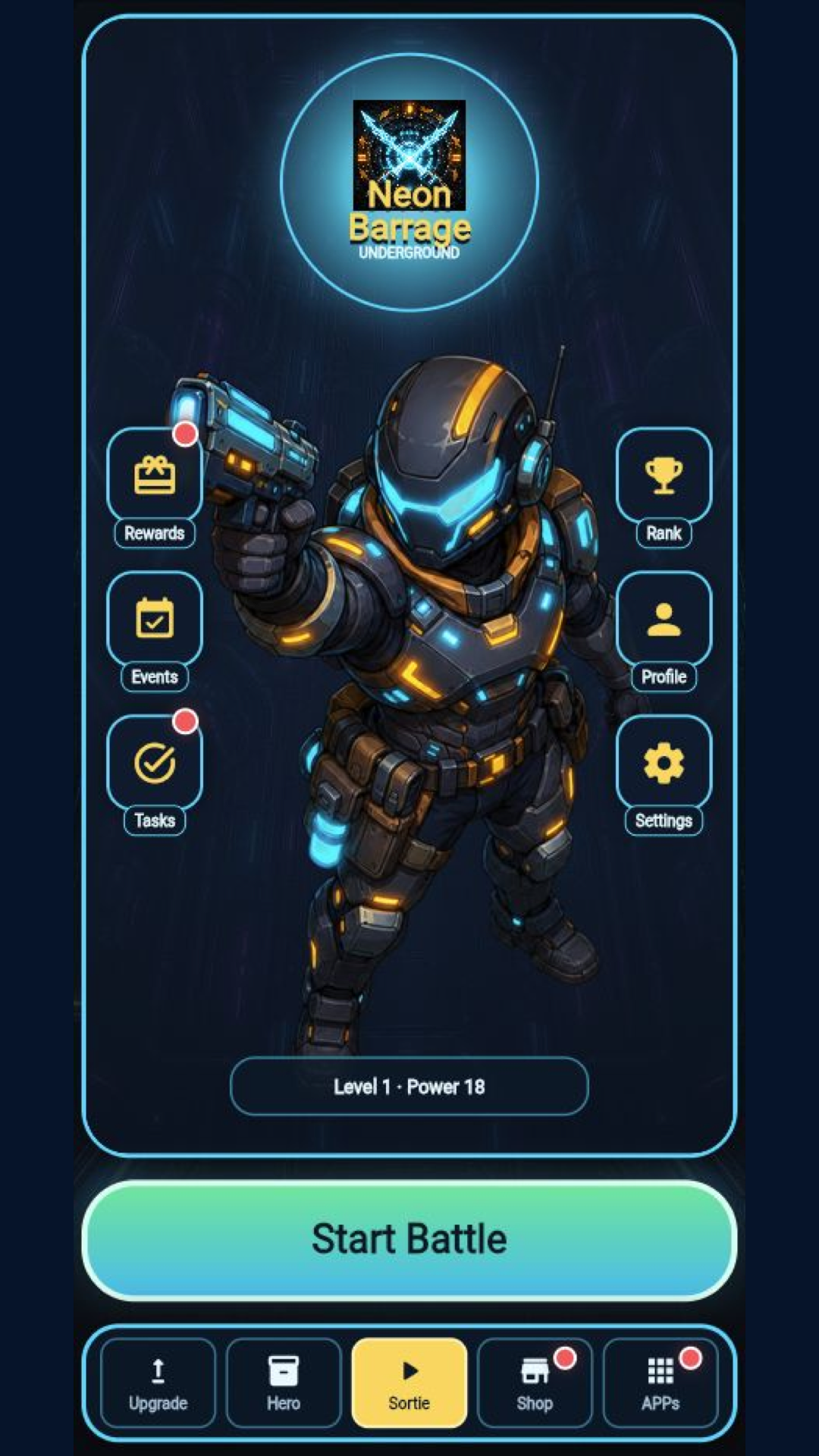 Neon Barrage Underground home screen